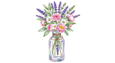 Obraz premium Beautiful Watercolor Bouquet of Roses and Lavender in a Glass Jar.