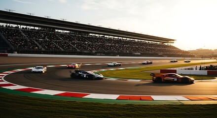 Obraz premium Racecars speeding around a track with spectators in the stands under a setting sun