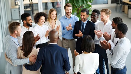 Fototapeta premium Celebrating team success business gathering office environment group dynamics collaboration