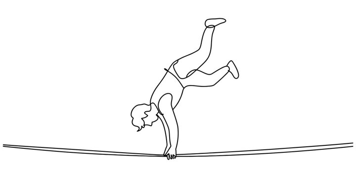 A single continuous line drawing of a person balancing upside down on a taut tightrope wire rope Vector, illustration
