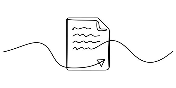 A continuous line drawing of a document page with a paper airplane icon at the bottom corner Vector, illustration