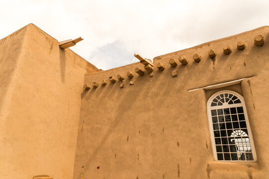 USA, New Mexico, Rancho de Taos.  Architectural detail of the adobe San Francisco de Assisi Mission Church