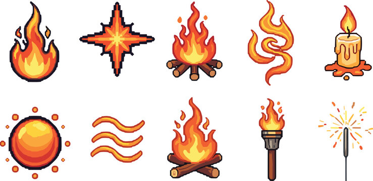 Pixel art fire and flame icons set with bonfire torch candle sun sparkler and heat wave symbol collection.