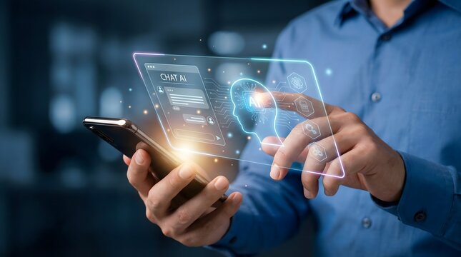 Professional interacting with holographic AI chatbot interface on mobile phone