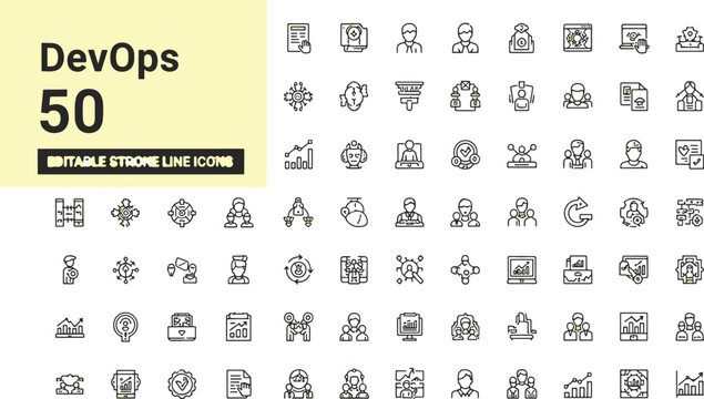 flat lay collection of 50 colorful devops and software development line icons on white background