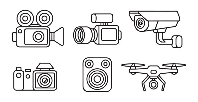 Set of outline camera icons, including old film camera, video camera, security camera, and drone.