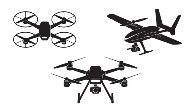 Modern drones with cameras and propellers in black silhouette vector illustration.