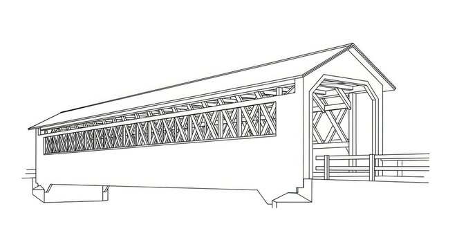 Covered bridge illustration against a white backdrop for various commercial applications
