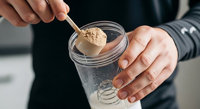 "Photorealistic close-up of hands scooping beige protein powder with a wooden spoon into a clear plastic protein shaker bottle with a metal whisk ball inside. The person wears a black long-sleeve shir