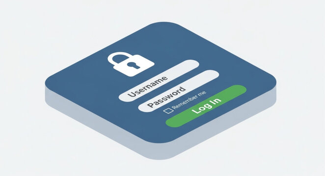 Isometric Login Interface Design with Username, Password, and Lock Icon.