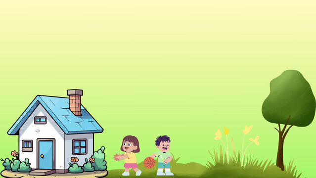 Illustration of children playing outside a house with a tree and plants, representing childhood fun and outdoor activities
