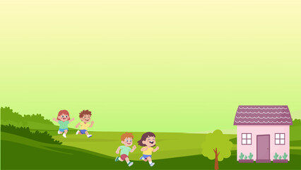 Happy children running and playing in a park near a house with trees and hills in the background, illustrating joy and outdoor activities