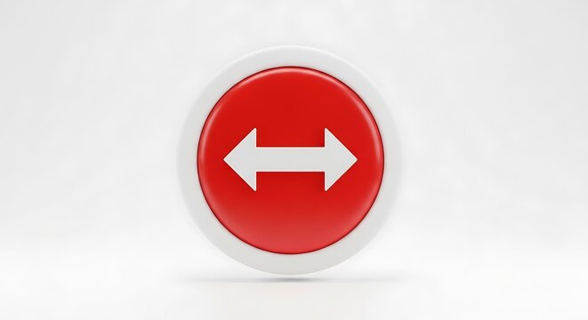Red circular button with white border and double headed arrow red button white background