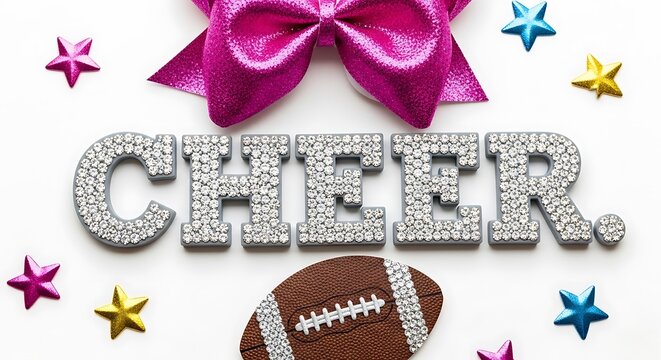 Sparkling "CHEER" text with stars, a bow, and a football on a white background
