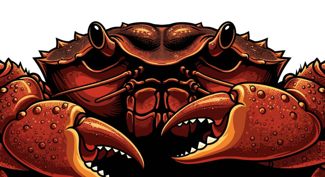 An aggressive crab shows its face in a close-up view with bold outline on a white background.