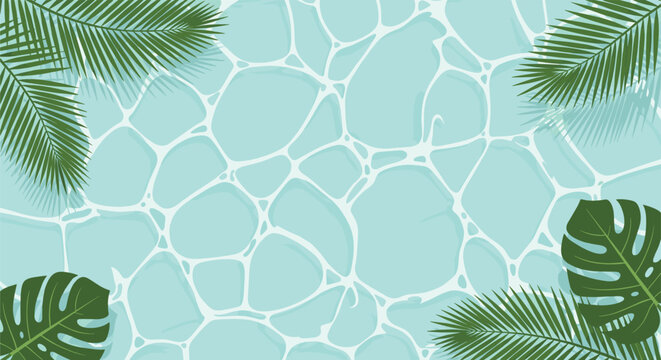 Refreshing view of clear blue swimming pool water with sunlight ripples, framed by lush green tropical palm and monstera leaves.