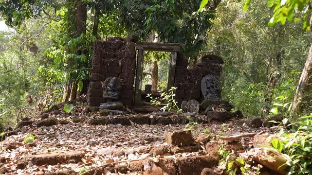 Ancient temple ruins in forest Karwar Karnataka India.Abandoned Hindu temple ruins in jungle with idols.
