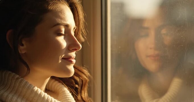 Woman with closed eyes enjoying sunlight by a window, reflecting peaceful emotions indoors