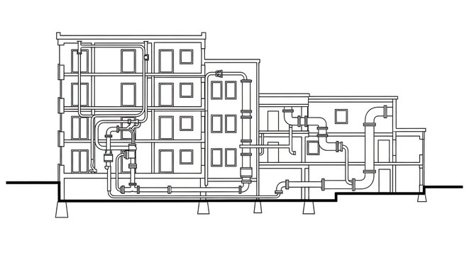 Architectural cross section of a building with visible internal systems