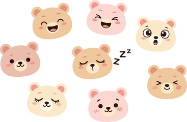 Fototapeta premium Cute Bear Face Character Set with Various Expressions, Adorable Cartoon Animal Emoji Collection for Kids Design, Nursery Theme Vector Illustration Pack