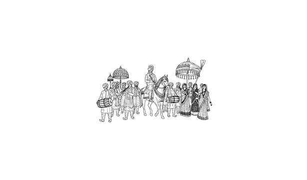Indian Wedding Baraat Line Art Vector Illustration with Groom and Musicians