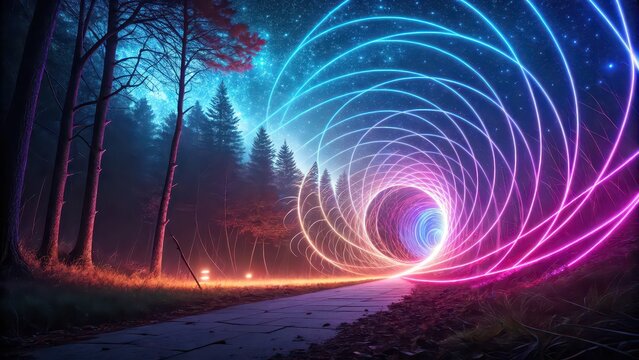 Neon light tunnel in forest at night, futuristic glowing pathway for fantasy scenes, gaming backgrounds, digital art, immersive visuals