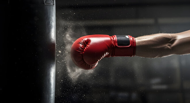 Dynamic Boxing Punch With Red Gloves Impacting Heavy Bag In A Fitness Training Session Showcase Of Strength And Intensity In Sports Performance