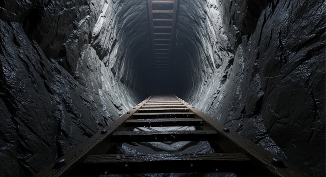 Deep Underground Mine Shaft with Wooden Support Beams.