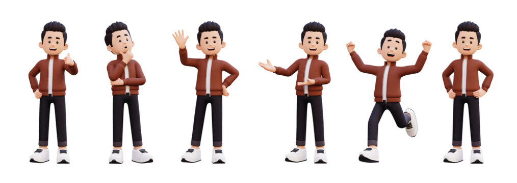 Friendly 3D cartoon character with brown jacket and black pants in various poses. on whit