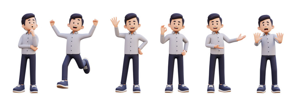 3D Render of Man in Casual Outfit Showing Multiple Expressions and Poses