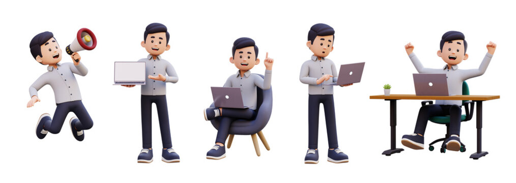 Animated Man in Five Poses Announcing. Working. Idea. Focused. and Celebrating Success