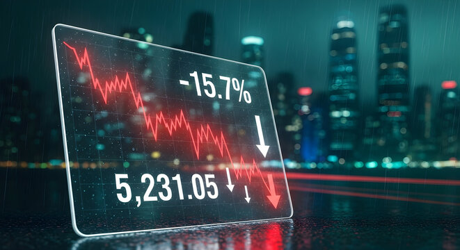 Stock Market Crash Displaying Significant Decline With Financial Data Graphic Over Urban City Background Drenched in Rain with Neon Lights