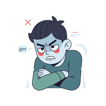 Angry cartoon boy with crossed arms, expressing frustration and annoyance