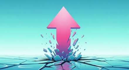 Fototapeta premium Pink arrow breaking through cracked blue surface upwards