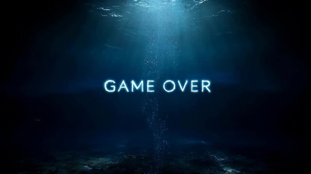 Glowing neon Game Over text underwater with rising bubbles