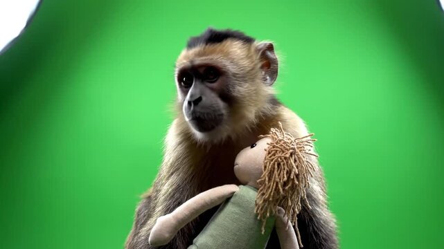 Monkey holding stuffed animal on green screen background