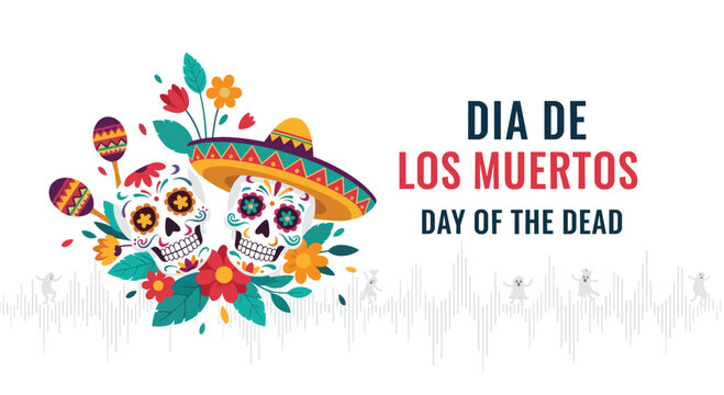 Vibrant Dia de los Muertos greeting card featuring two decorated sugar skulls and colorful flowers for the Day of the Dead.
