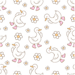 Girly silly goose with daisy flower seamless pattern on a soft pastel spring background, cute and playful vector icon © Achmad
