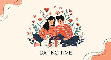 Naklejka premium Sweet dating time scene featuring a young couple sitting together on the floor with their cat and a wrapped gift box.