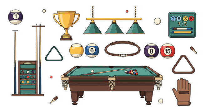 Comprehensive collection of billiards and pool equipment icons including table, cues, balls, trophy, and accessories on white.