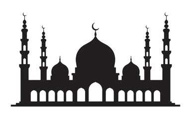 Fototapeta premium Vector silhouette of a majestic mosque with a central dome and surrounding minarets.