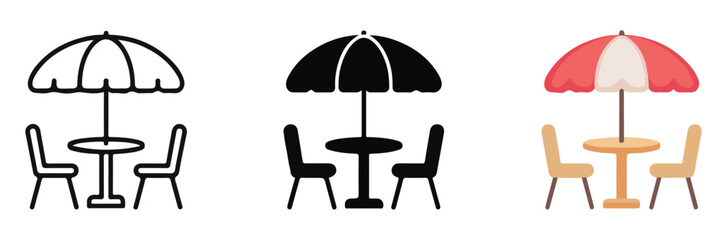 Garden furniture icons featuring patio umbrella with table and chairs in line art and flat color design styles © Masudur