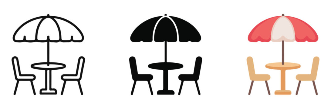 Garden furniture icons featuring patio umbrella with table and chairs in line art and flat color design styles