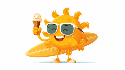 Naklejka premium A cute cartoon vector mascot of a summer sun character holding an ice cream and wearing sunglasses stands with a surfboard.