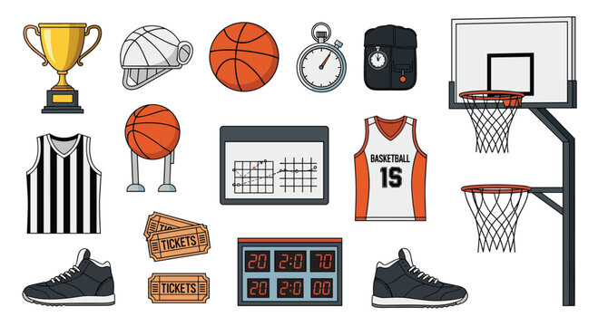 Large set of basketball related objects including balls hoops jerseys sports shoes a trophy whistle and strategy board for coach.