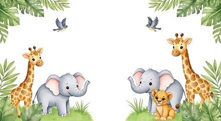 Naklejka premium Watercolor style safari animals with leafy borders and space for text on white