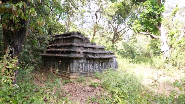 Ancient temple ruins in forest Karwar Karnataka India.Abandoned Hindu temple ruins in jungle with idols.