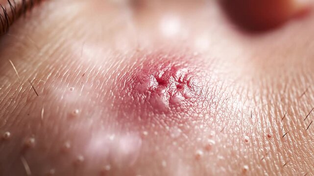 Close-up view of a pimple on skin, showing inflammation and texture details