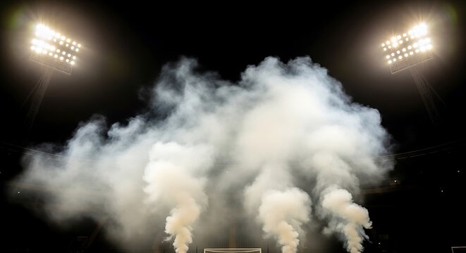 White smoke plumes rise from below stadium lights, creating an atmosphere