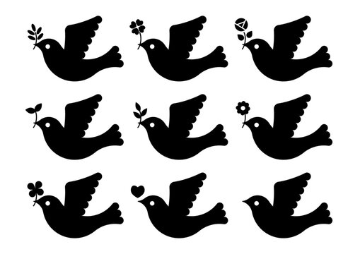 葉っぱや花を咥えた鳩の黒アイコンセット